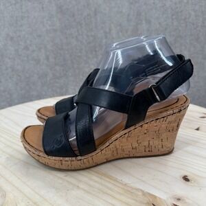 Born B.O.C. Schirra Wedge Sandals Womens 8 Black Faux Leather Strappy Cork Heel